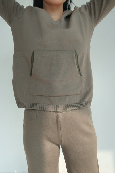 Get It Straight Knit Hoodie and Wide Leg Lounge Sweatpants Set  - Khaki Green