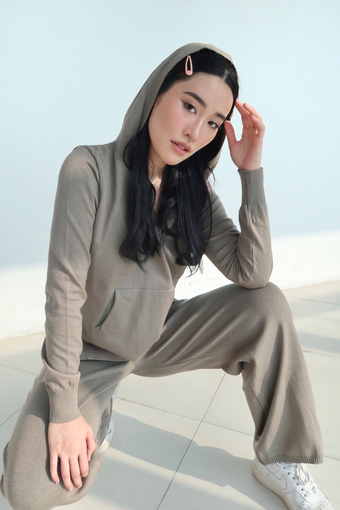 Get It Straight Knit Hoodie and Wide Leg Lounge Sweatpants Set  - Khaki Green