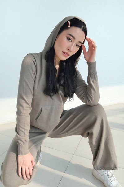 Get It Straight Knit Hoodie and Wide Leg Lounge Sweatpants Set  - Khaki Green