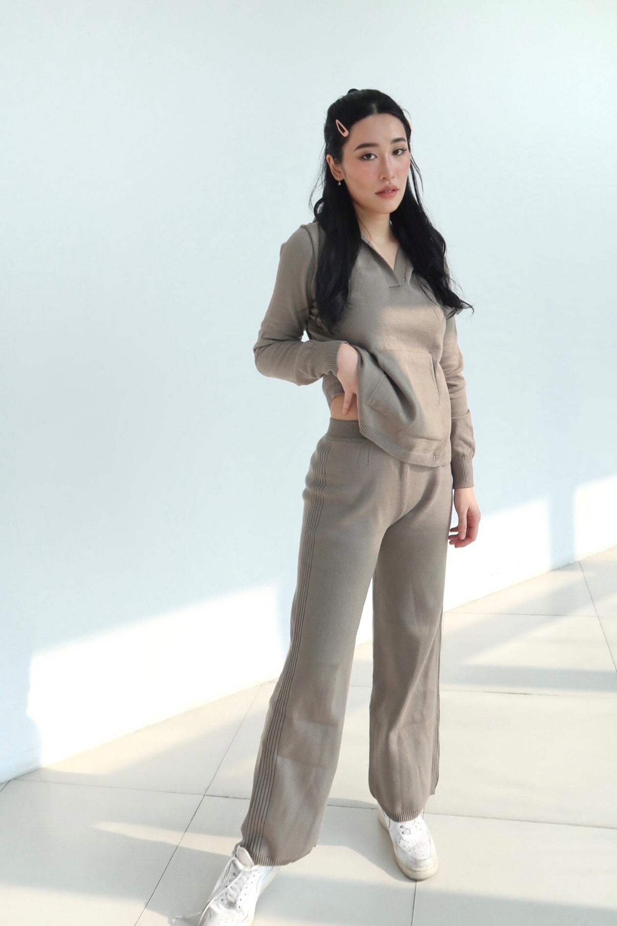 Get It Straight Knit Hoodie and Wide Leg Lounge Sweatpants Set  - Khaki Green