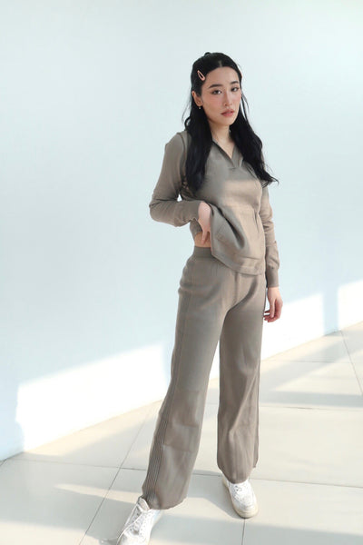 Get It Straight Knit Hoodie and Wide Leg Lounge Sweatpants Set  - Khaki Green