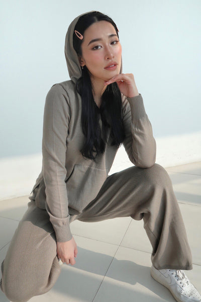 Get It Straight Knit Hoodie and Wide Leg Lounge Sweatpants Set  - Khaki Green