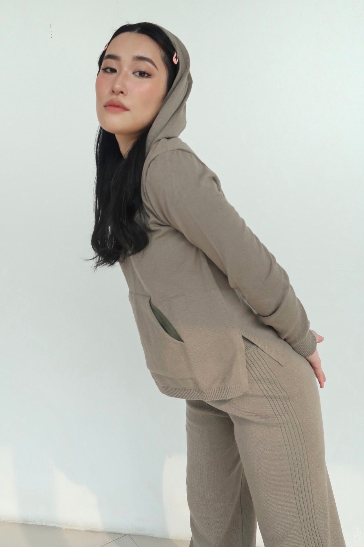 Get It Straight Knit Hoodie and Wide Leg Lounge Sweatpants Set  - Khaki Green