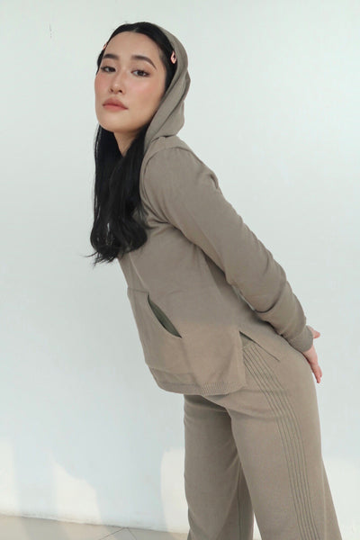 Get It Straight Knit Hoodie and Wide Leg Lounge Sweatpants Set  - Khaki Green