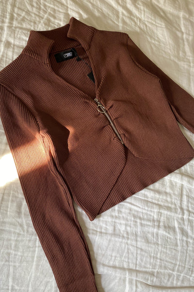 Had My Heart Zip-Up Longsleeve Top - Chocolate