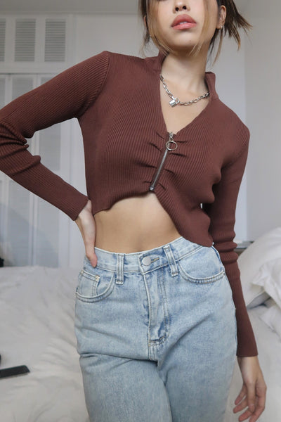 Had My Heart Zip-Up Longsleeve Top - Chocolate