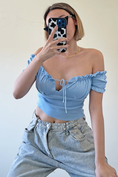 Half My Heart Ruched Bardot Top - Cloud
