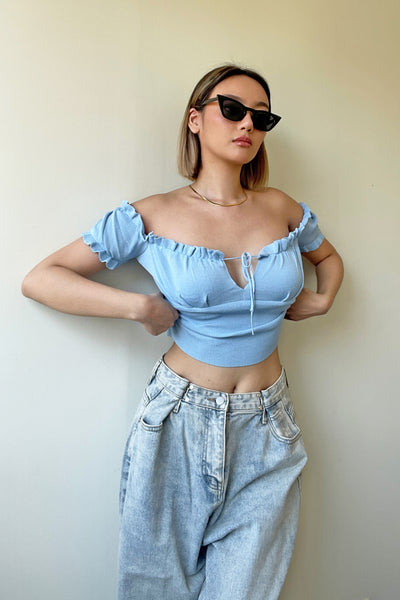 Half My Heart Ruched Bardot Top - Cloud