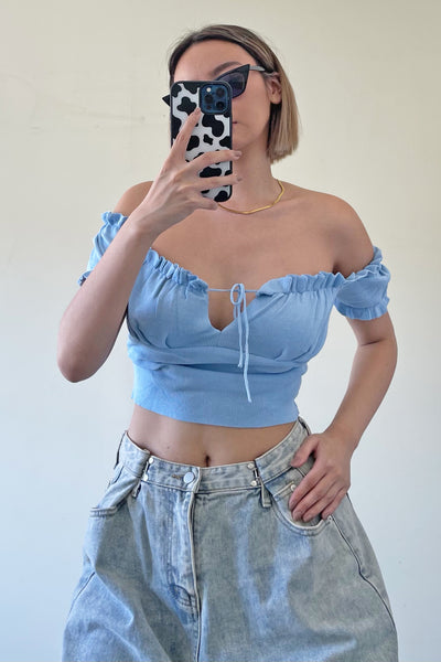 Half My Heart Ruched Bardot Top - Cloud