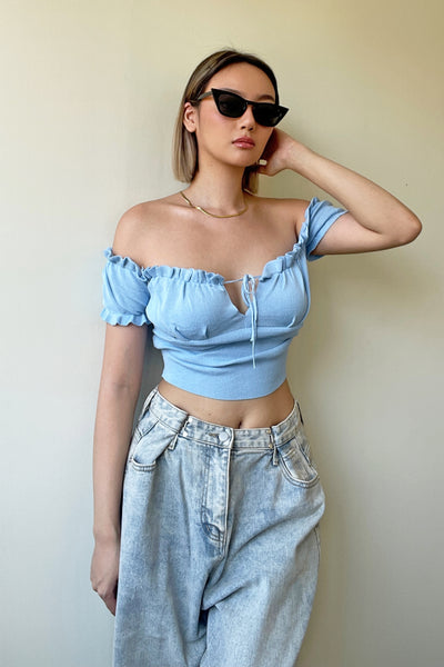 Half My Heart Ruched Bardot Top - Cloud