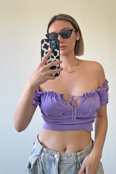 Half My Heart Ruched Bardot Top - Grape
