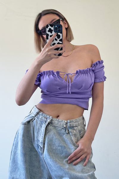 Half My Heart Ruched Bardot Top - Grape