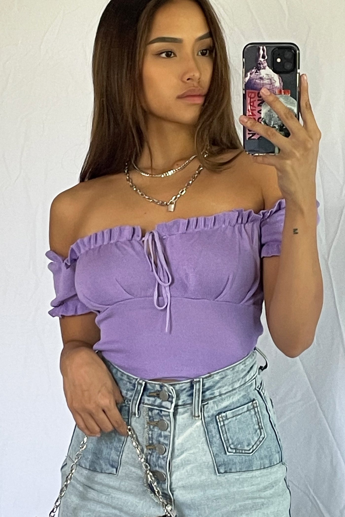 Half My Heart Ruched Bardot Top - Grape