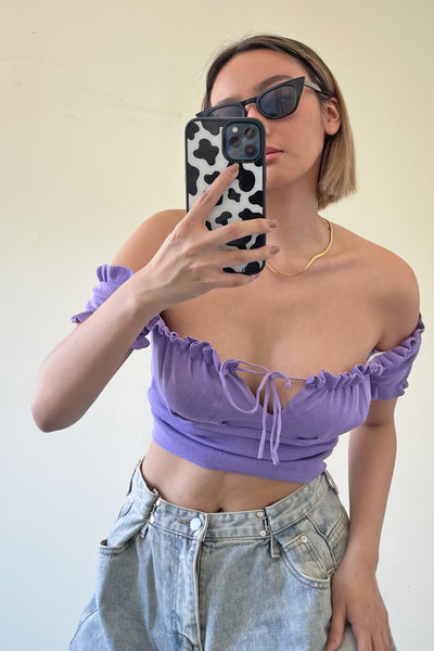 Half My Heart Ruched Bardot Top - Grape