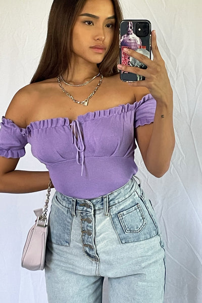 Half My Heart Ruched Bardot Top - Grape