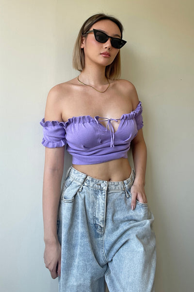 Half My Heart Ruched Bardot Top - Grape