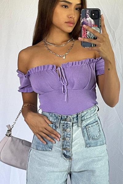 Half My Heart Ruched Bardot Top - Grape