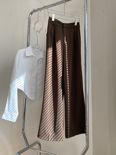 Wide Leg Pleated Trousers - Chocolate