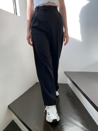 Wide Leg Pleated Trousers - Black
