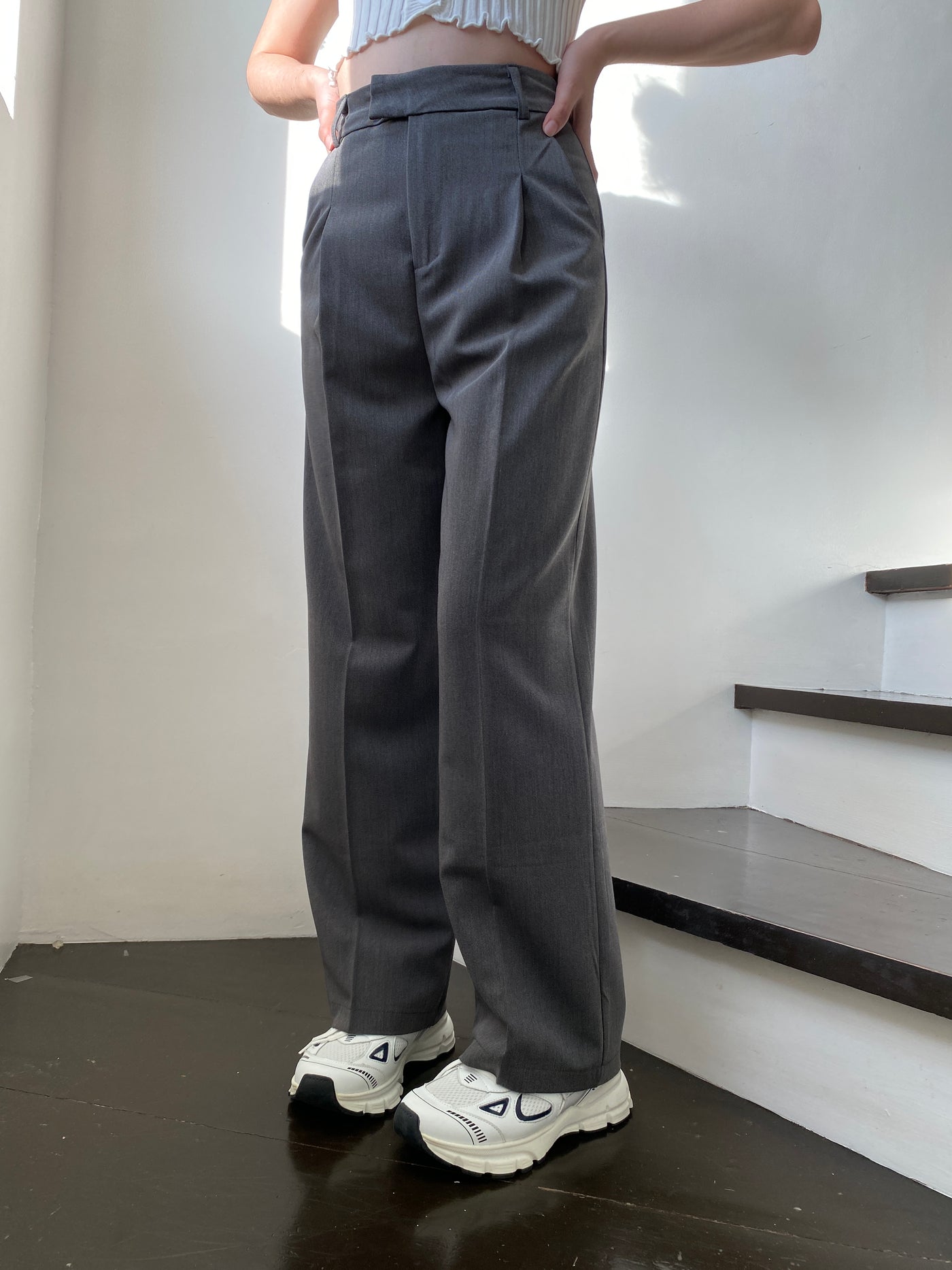 Wide Leg Pleated Trousers - Smoke