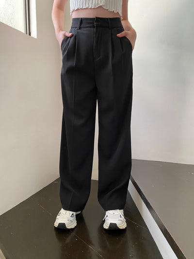 Wide Leg Pleated Trousers - Black