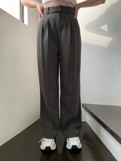 Wide Leg Pleated Trousers - Smoke