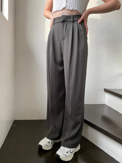 Wide Leg Pleated Trousers - Smoke