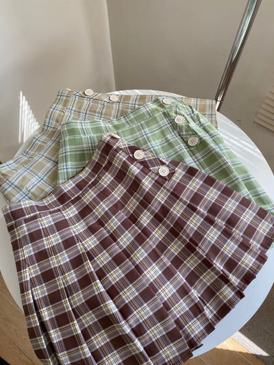 Pleated Plaid Skater Skirt - Pistachio