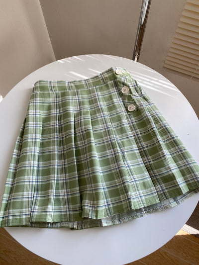 Pleated Plaid Skater Skirt - Pistachio