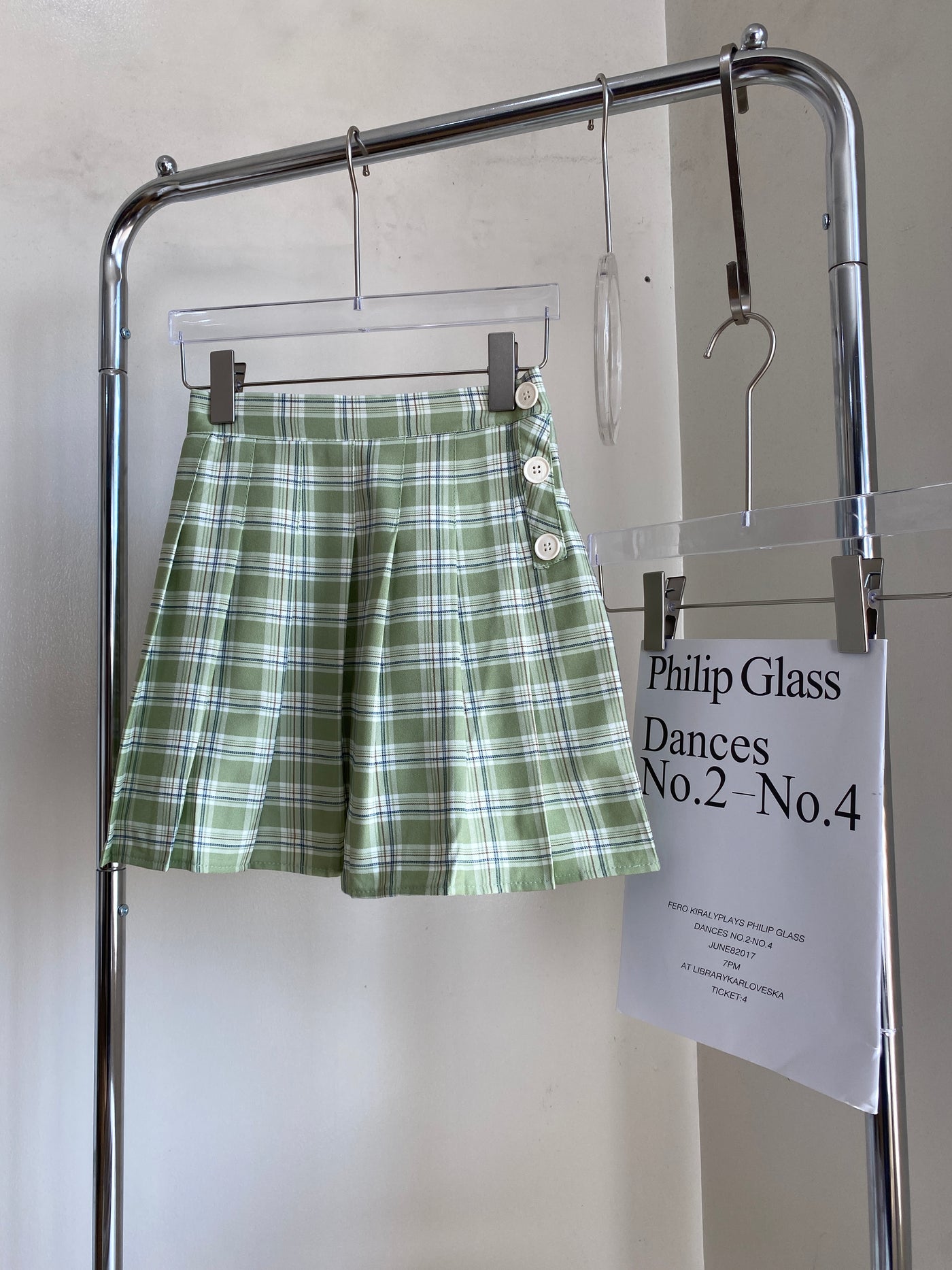 Pleated Plaid Skater Skirt - Pistachio