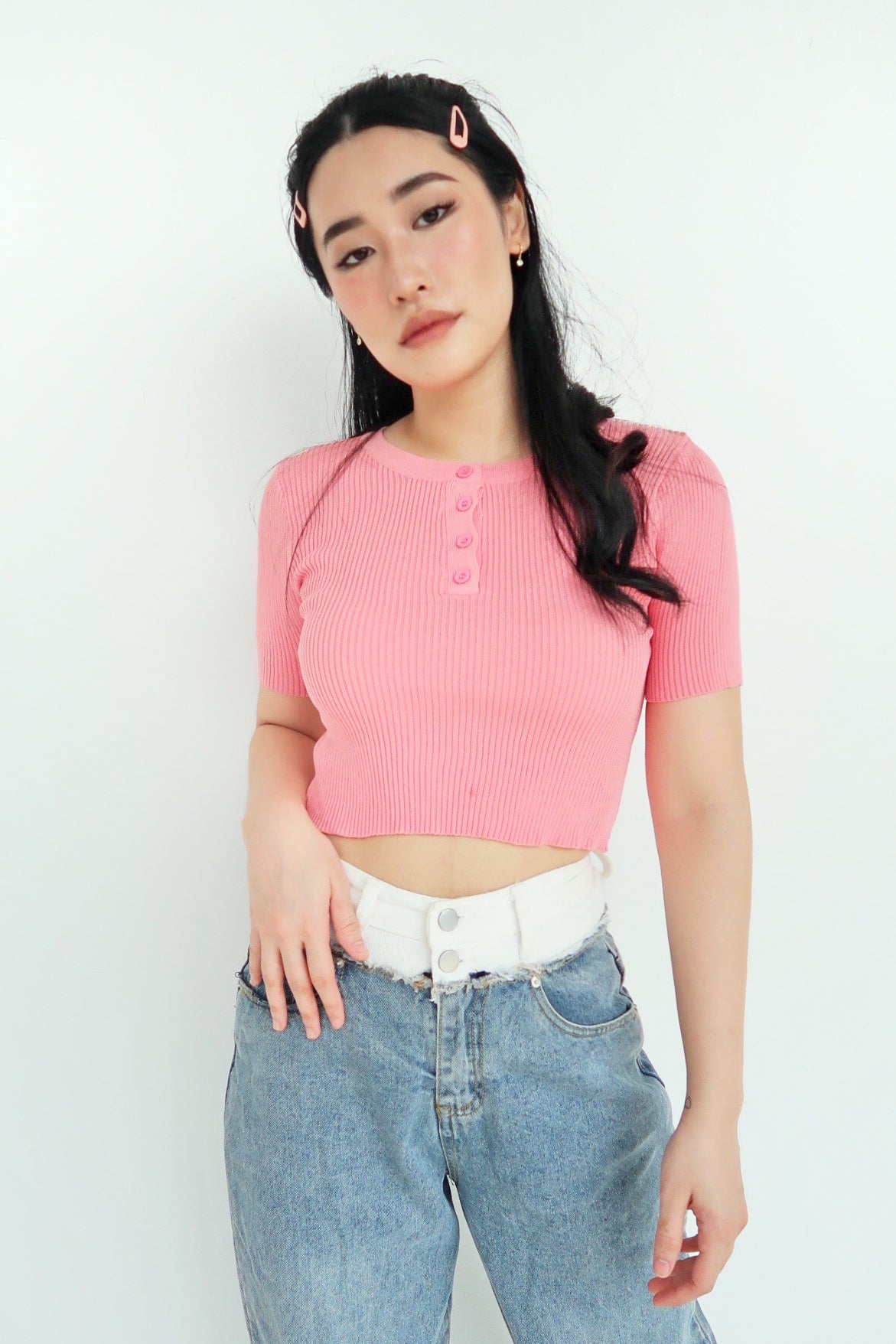 Just A Girl Ribbed Placket Tee - Guava
