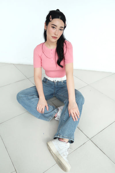 Just A Girl Ribbed Placket Tee - Guava