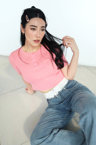 Just A Girl Ribbed Placket Tee - Guava