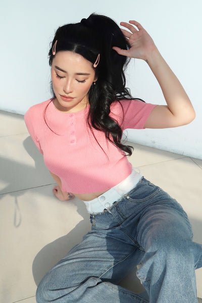 Just A Girl Ribbed Placket Tee - Guava