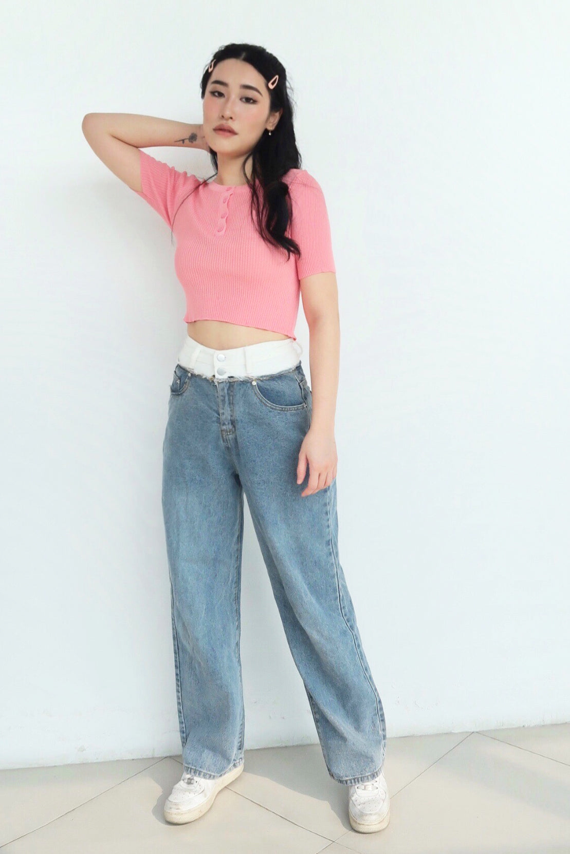 Just A Girl Ribbed Placket Tee - Guava