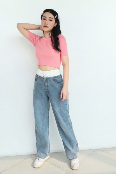 Just A Girl Ribbed Placket Tee - Guava