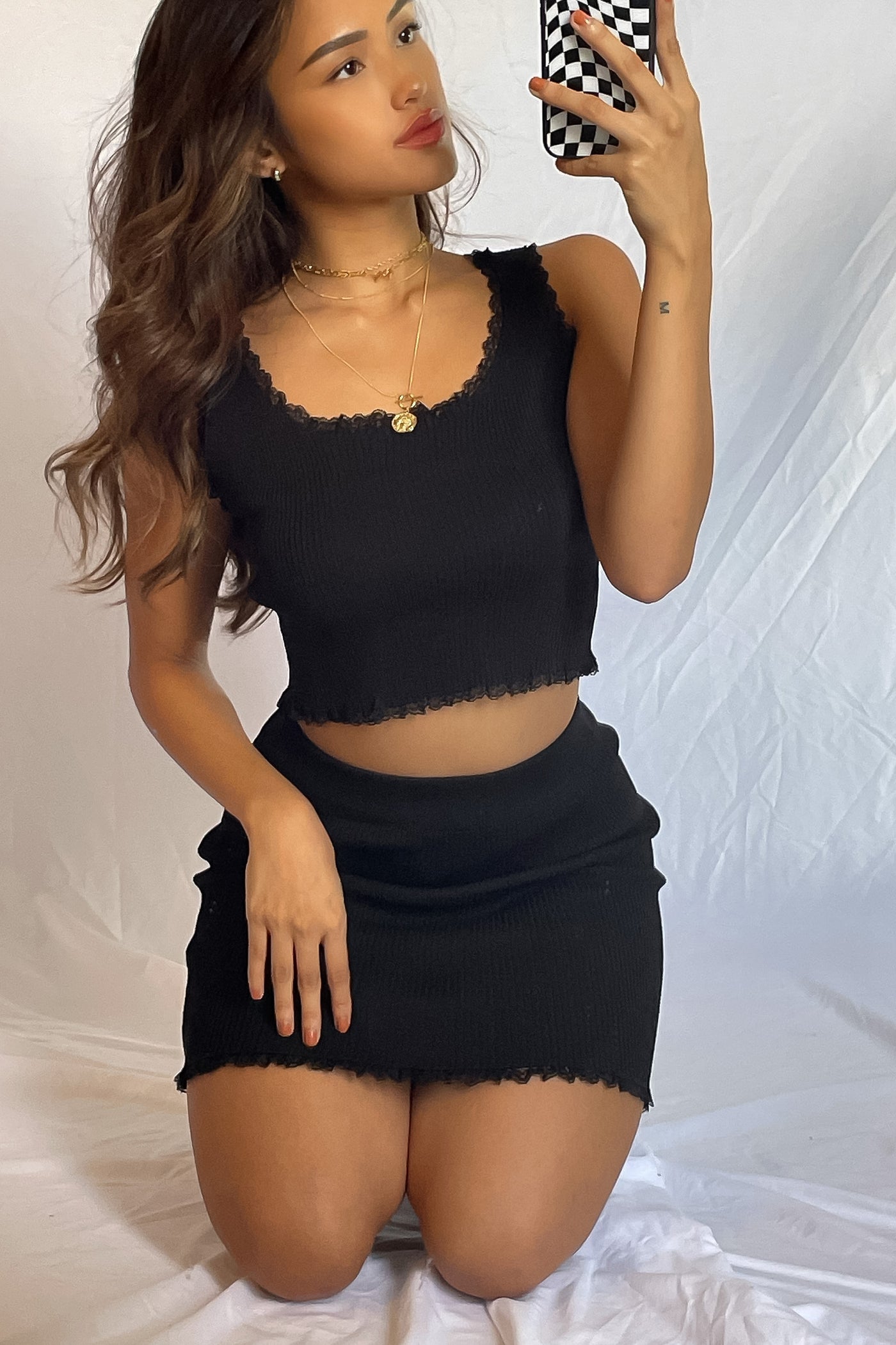 Little White Lies Lace Trimmed Top And Skirt Set - Black