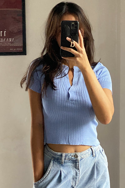 Not A Secret V-Neck Ribbed Tee - Powder Blue