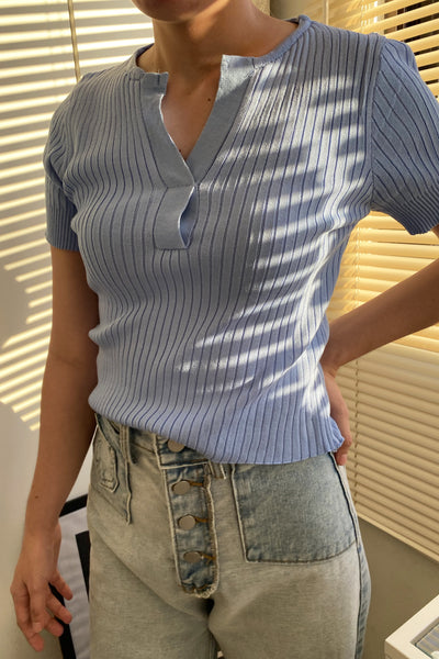 Not A Secret V-Neck Ribbed Tee - Powder Blue