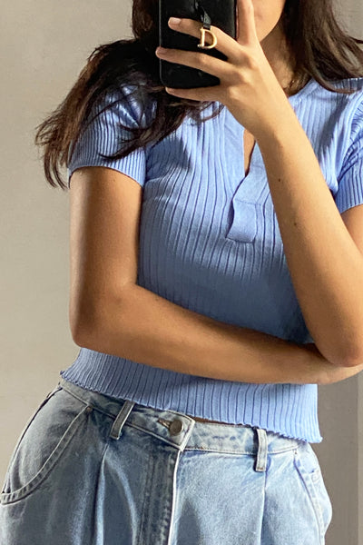 Not A Secret V-Neck Ribbed Tee - Powder Blue