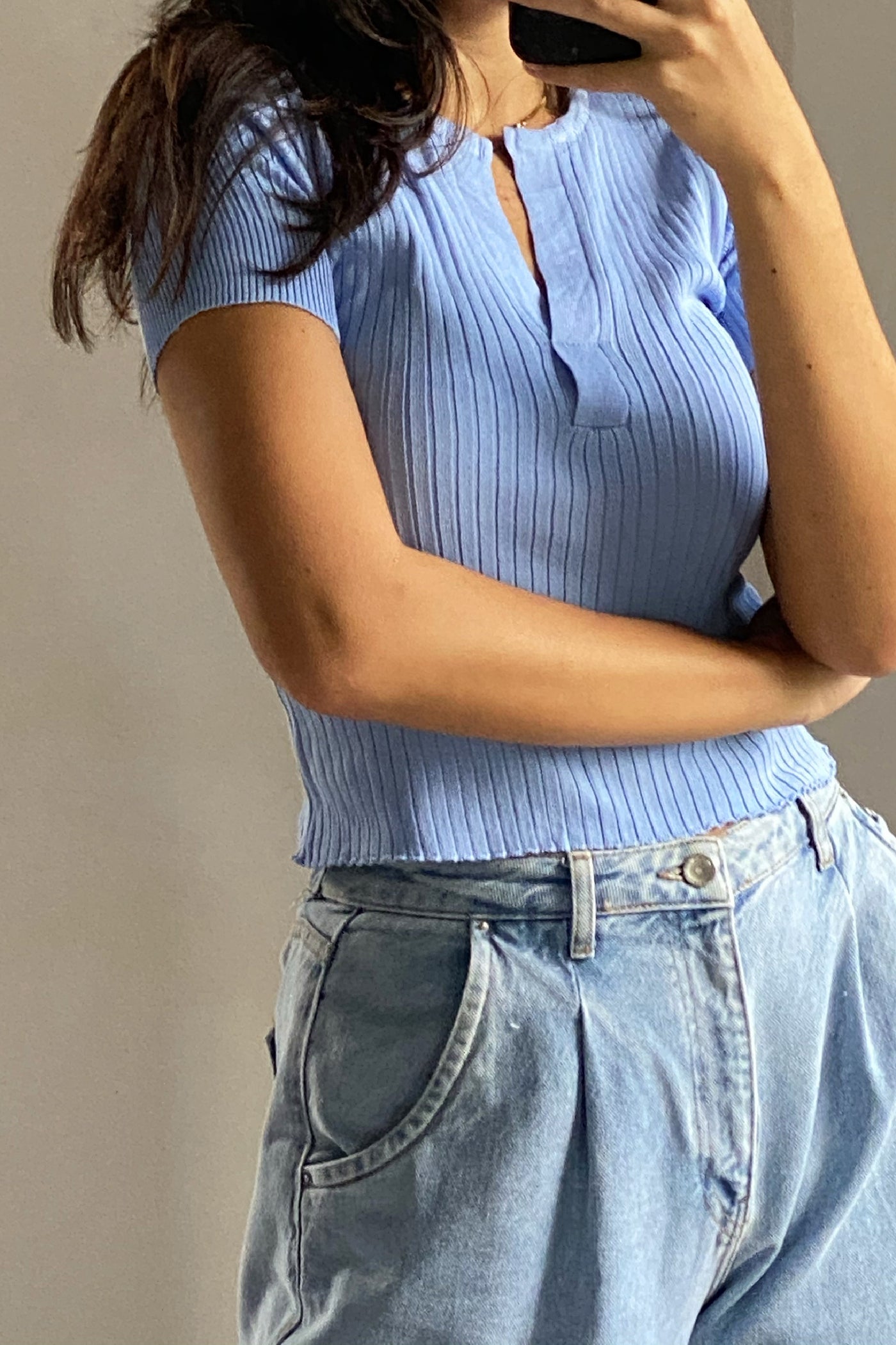 Not A Secret V-Neck Ribbed Tee - Powder Blue