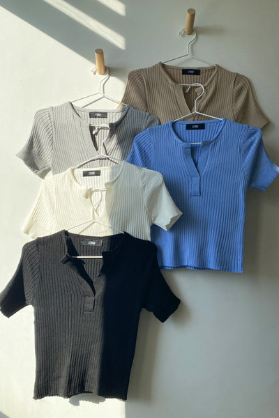 Not A Secret V-Neck Ribbed Tee - Powder Blue
