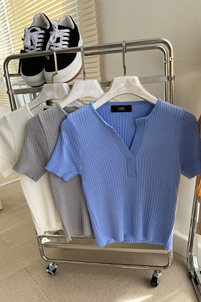 Not A Secret V-Neck Ribbed Tee - Powder Blue