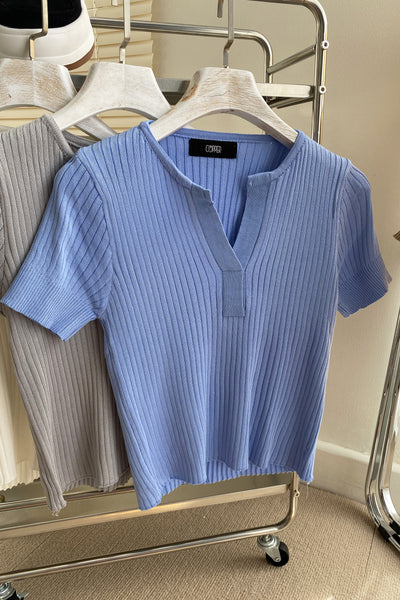 Not A Secret V-Neck Ribbed Tee - Powder Blue
