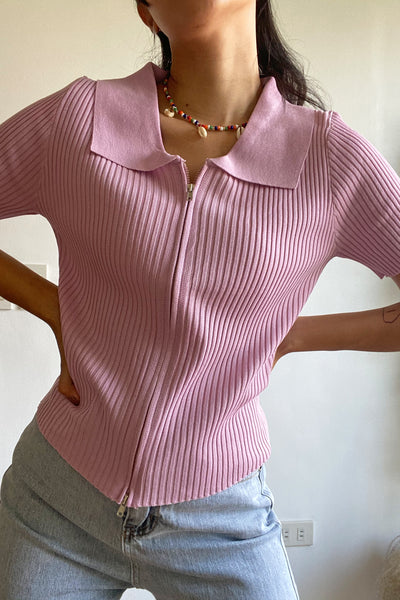 Not Your Lover Double Zip Ribbed Top - Blush