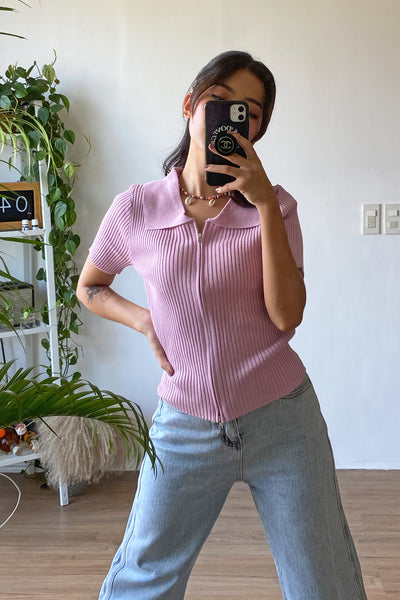 Not Your Lover Double Zip Ribbed Top - Blush