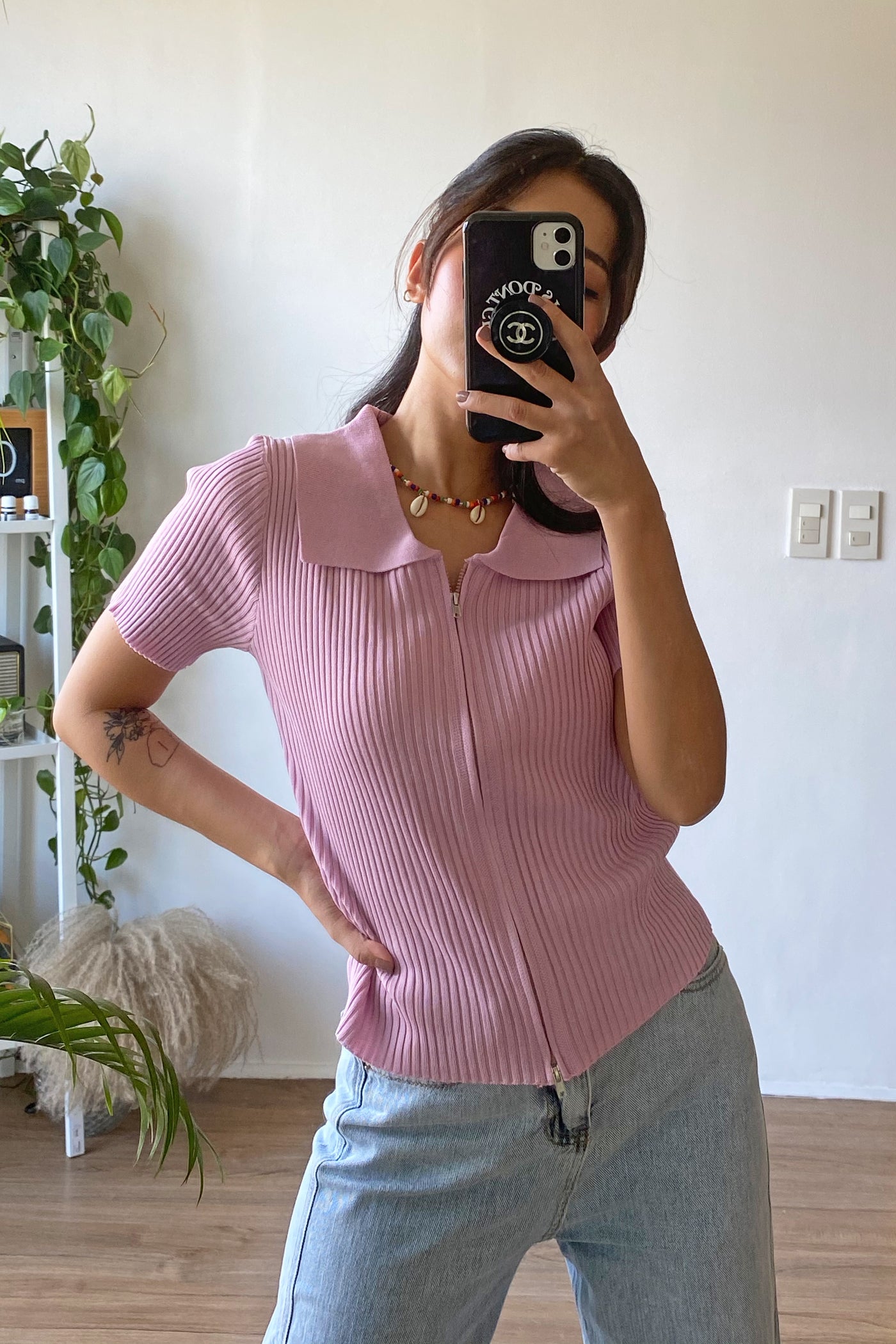 Not Your Lover Double Zip Ribbed Top - Blush