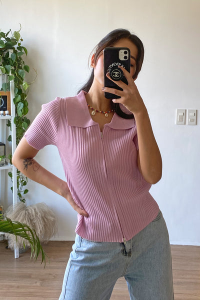 Not Your Lover Double Zip Ribbed Top - Blush