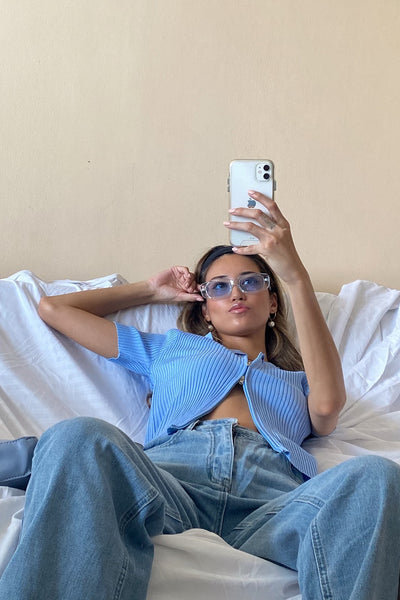 Not Your Lover Double Zip Ribbed Top - Powder Blue