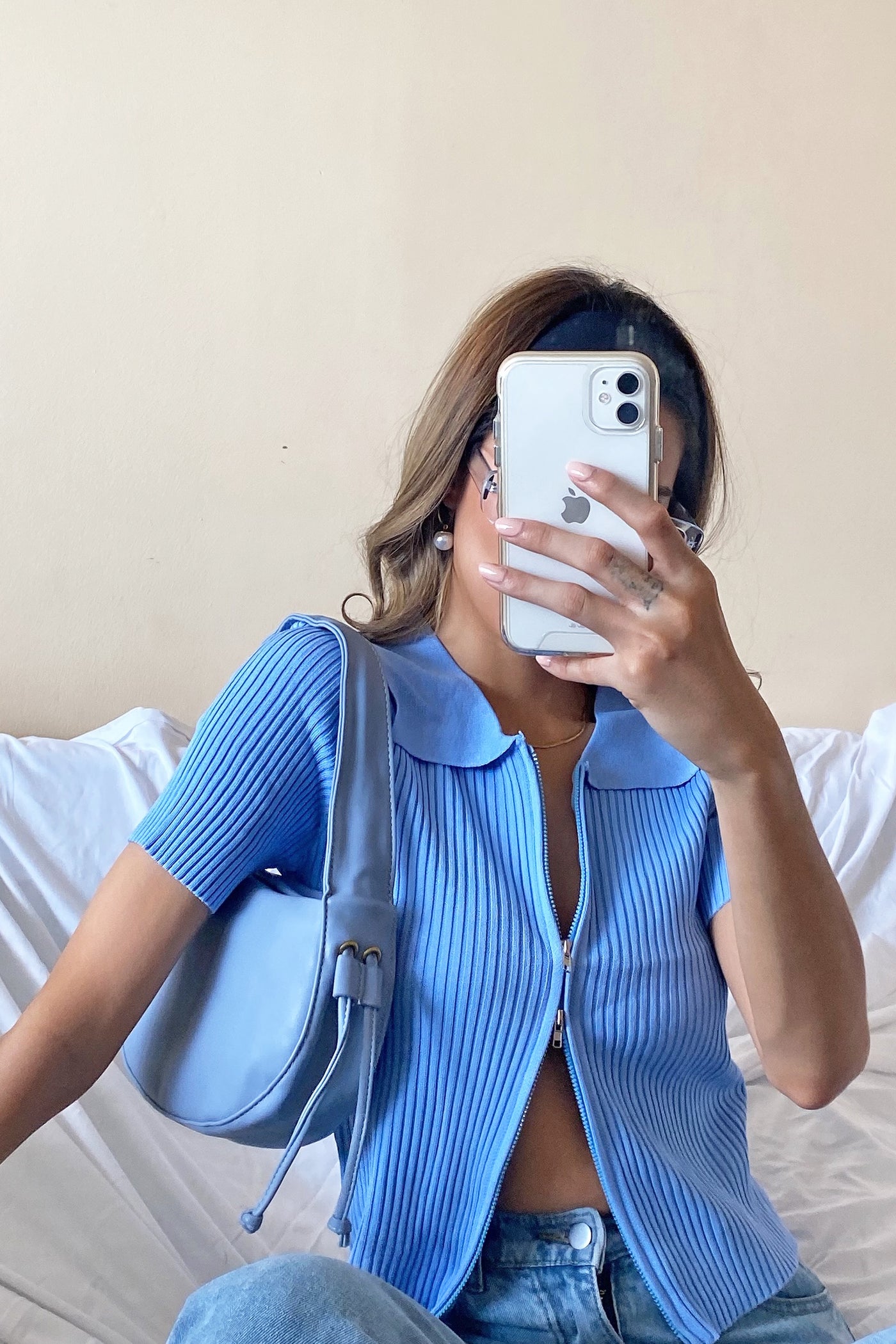 Not Your Lover Double Zip Ribbed Top - Powder Blue